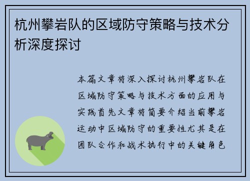 杭州攀岩队的区域防守策略与技术分析深度探讨