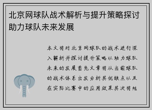 北京网球队战术解析与提升策略探讨助力球队未来发展